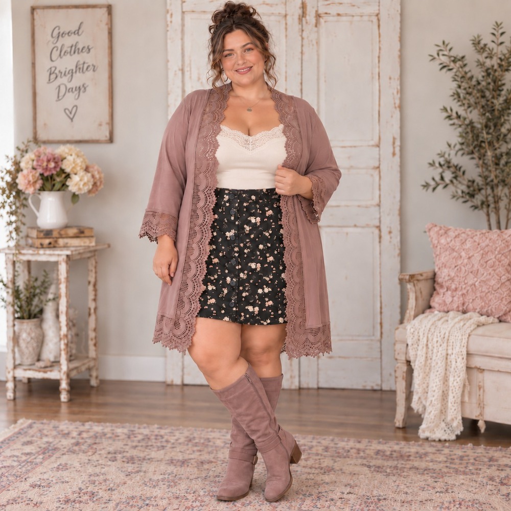 6. XXL SET Aili's Corner -Mauve Kimono & Celebrity Pink Black floral Denim Skirt